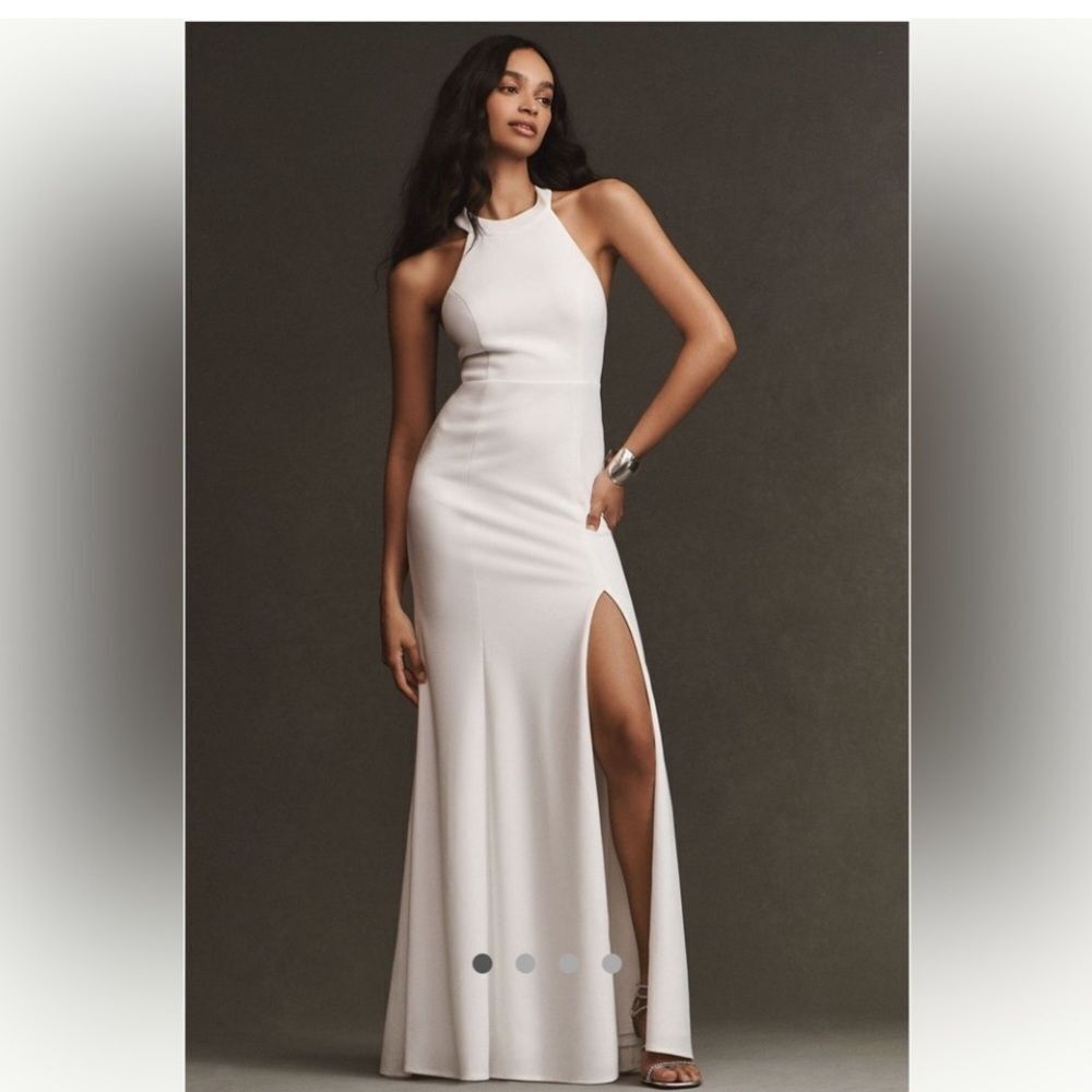 BHLD High Neckline Juliana Stretch Crepe Maxi Dress, side slit silhouette US 2